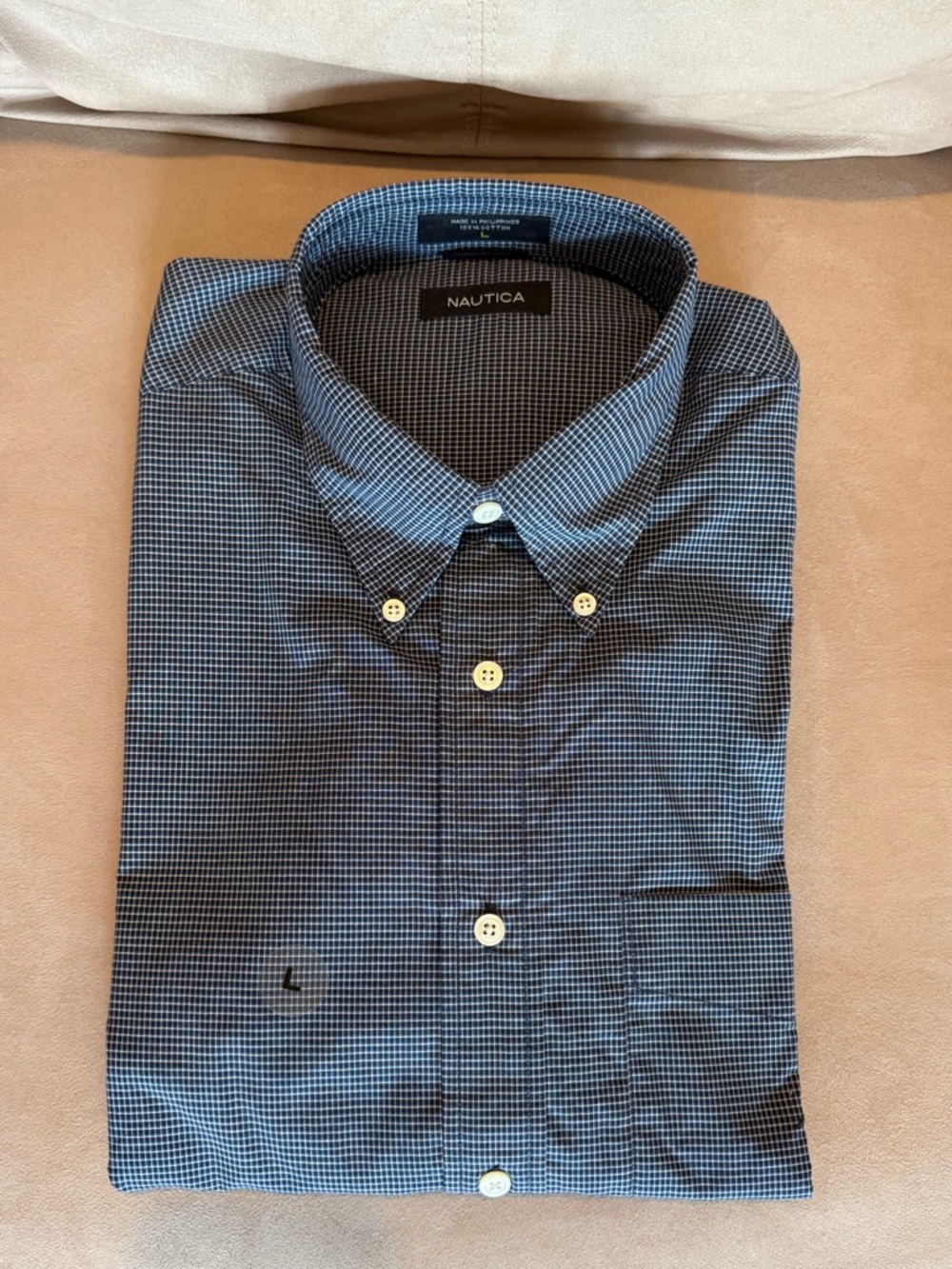 NEW Nautica Men's Blue Checked Button-Down Shirt Large Cotton Long Sleeve Navy